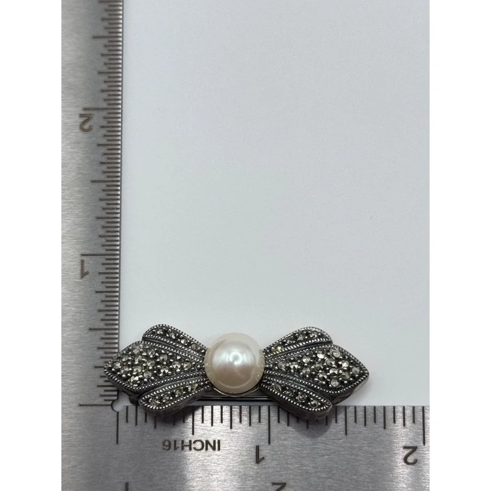 Judith Jack Sterling Silver Marcasite Faux Pearl Bow Brooch Pin
